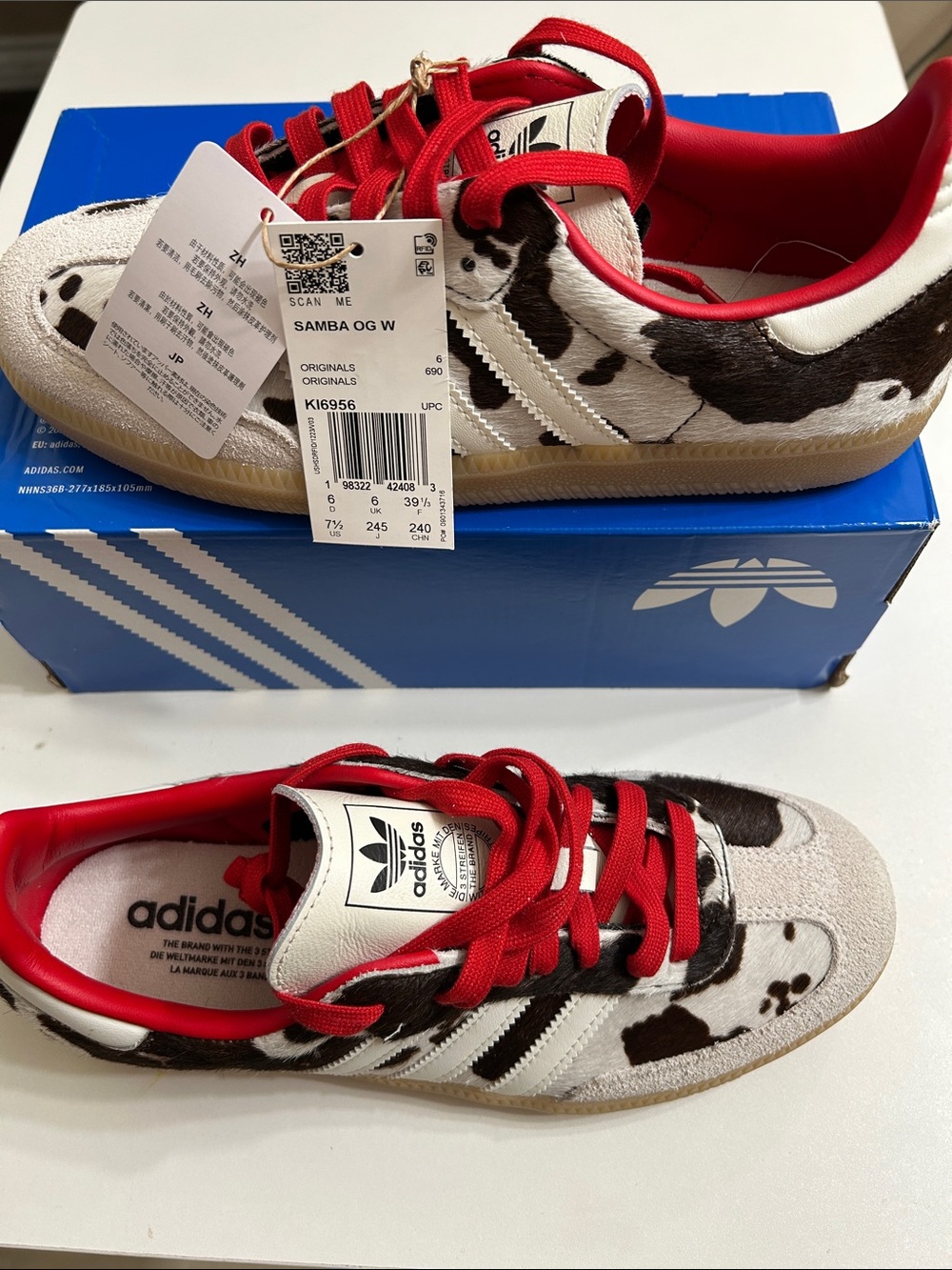 Adidas Samba OG Women real Cowhide fur Sneakers with Red Laces - Picture 3 of 6
